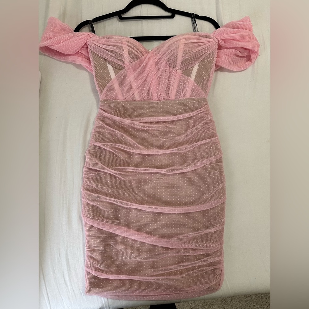 Pink lace off shoulder corset dress